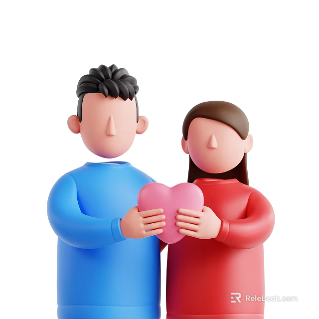 Two Affectionate People In Blue Red Clothing Holding Pink Heart Together 3d model 
