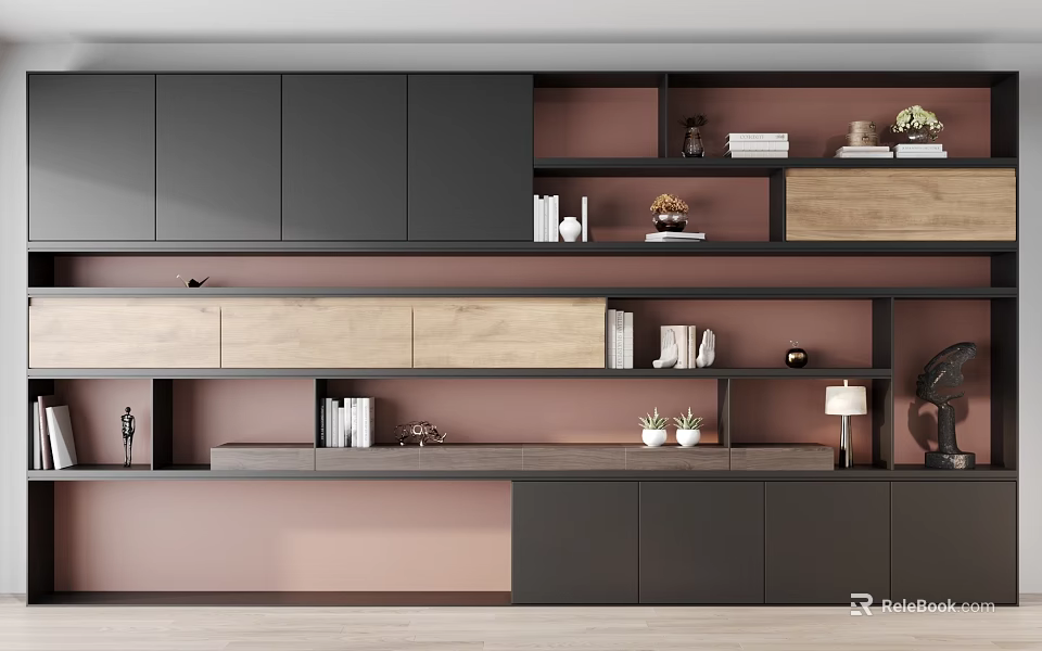 Modern Black And Pink Bookcase Interior With Wooden Shelves Books And Plants 3d model 