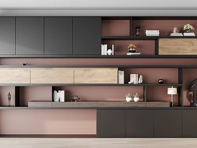 Modern Black And Pink Bookcase Interior With Wooden Shelves Books And Plants 3d model