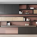 Modern Black And Pink Bookcase Interior With Wooden Shelves Books And Plants