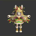 Cute Anthropomorphic Blonde Character In Floral Leaf Costume With Long Ears And Small Black Creature