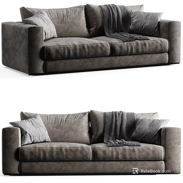 Comfortable Gray Velvet Two Seater Sofa With Soft Pillows And Cozy Blanket 3d model 
