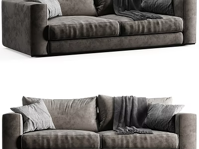 Comfortable Gray Velvet Two Seater Sofa With Soft Pillows And Cozy Blanket 3d model
