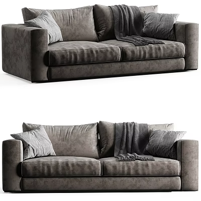 Comfortable Gray Velvet Two Seater Sofa With Soft Pillows And Cozy Blanket 3d model