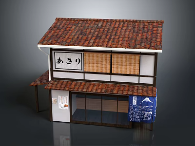 Cartoon Style Traditional Japanese Building With Red Tile Roof Wooden Structure And Blue Curtain 3d model