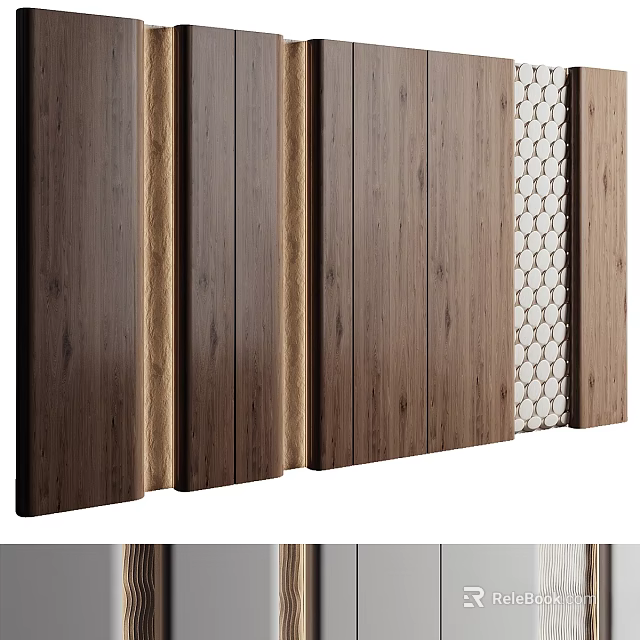 Modern Wooden Wall With Vertical Slats And Hexagonal Decorative Panel Design 3d model 