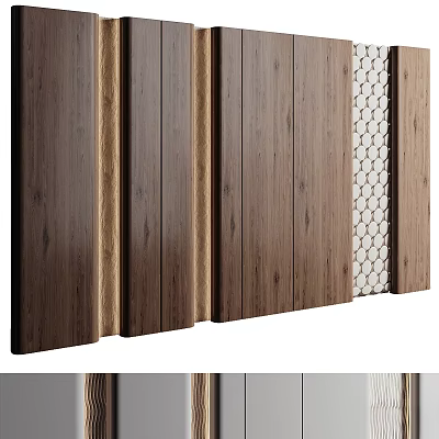 Modern Wooden Wall With Vertical Slats And Hexagonal Decorative Panel Design 3d model