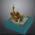 Ornate Decorative Ship Model Scene With Golden Mast Deck And Blue Platform