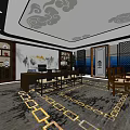 Traditional Chinese Office Interior With Tea Table Lotus Decorations And Cloud Pattern Ceiling 3d model