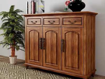 Traditional Wooden Shoe Cabinet With Carved Doors Metal Handles And Decorative Books Flower Vase 3d model