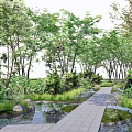 Scenic Park Landscape Featuring Tree Lined Path Small Pond Rocks And Lush Greenery