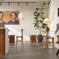 Modern Restaurant Interior With Tables Chairs Bar Stools Plants And Pendant Lights