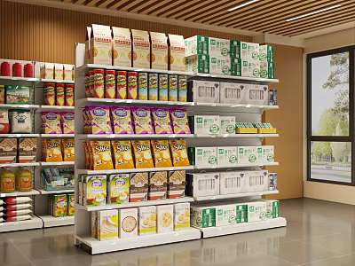Well Organized Retail Display Shelves With Multi tiered Racks Holding Packaged Cereals Canned Goods And Boxed Products 3d model