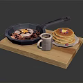 Breakfast With Fried Eggs Bacon Pancakes In Blue Frying Pan Purple Mug On Wooden Board