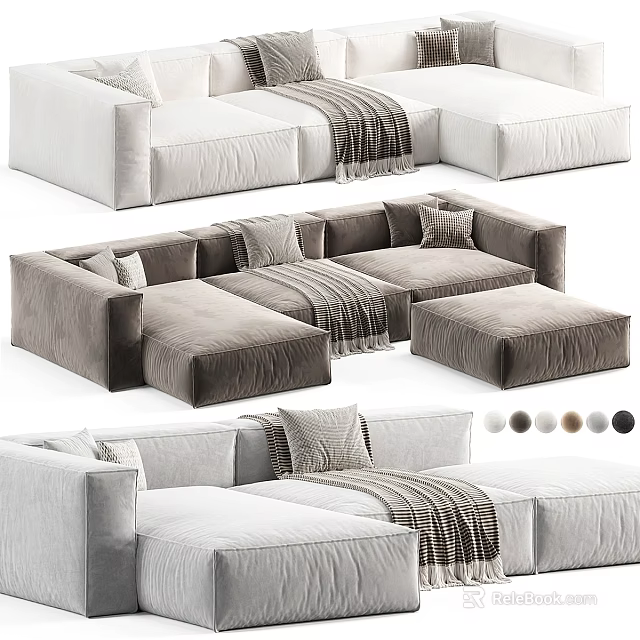 Modern Sectional Sofa With Plush Pillows Throw Blanket And Color Options 3d model