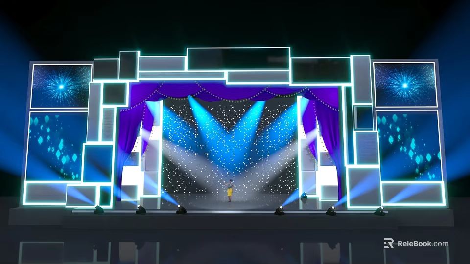 Contemporary Stage Design Featuring Purple Curtains Blue Lighting Geometric Decorations Spotlights And Standing Central Person 3d model 