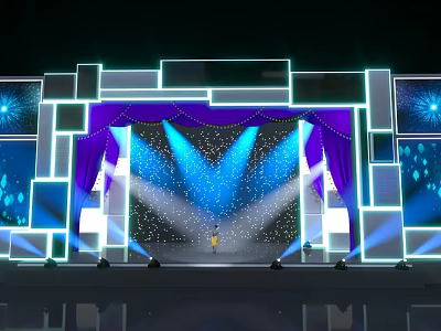 Contemporary Stage Design Featuring Purple Curtains Blue Lighting Geometric Decorations Spotlights And Standing Central Person 3d model