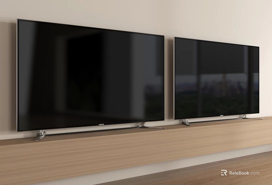 Two Flat Screen TVs On Wooden Stand In Modern Living Room With White Wall 3d model 