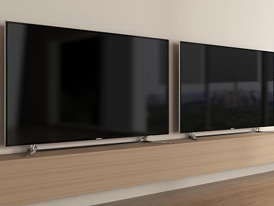 Two Flat Screen TVs On Wooden Stand In Modern Living Room With White Wall 3d model