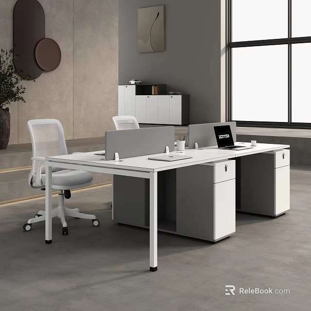Modern Office Desk With Partition Office Chair Laptop And Storage Cabinets 3d model 