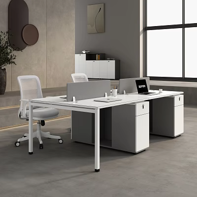 Modern Office Desk With Partition Office Chair Laptop And Storage Cabinets 3d model