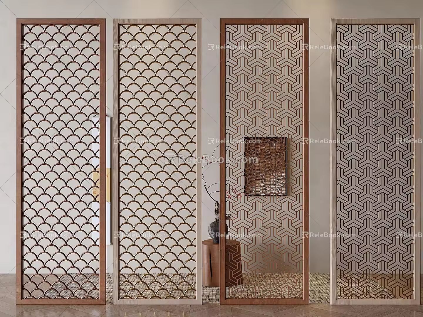 Chinese-style lattice porch partition solid wood hollow screen 3d model