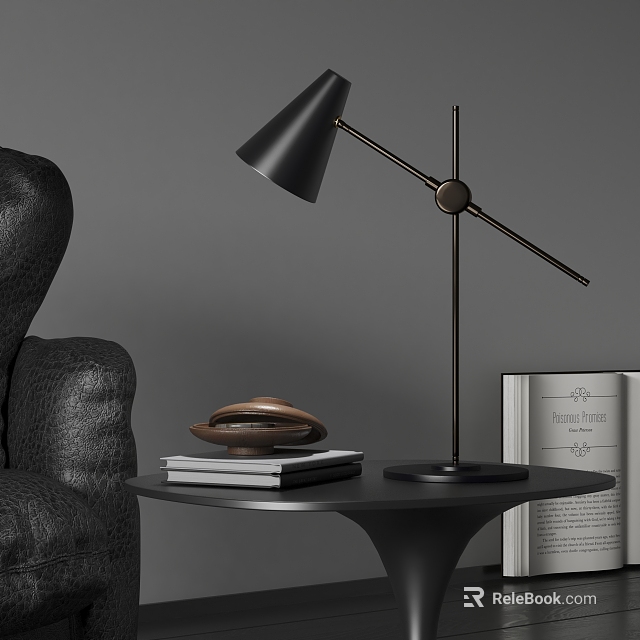 Modern Black Table Lamp On Round Desk With Books Decorative Object And Leather Sofa 3d model 