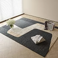 Square Area Rug Featuring Dark Beige Geometric Design with White Flower Vase and Stacked Newspapers