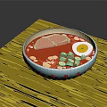 Tasty Ramen With Sliced Pork Soft Boiled Egg Green Vegetables Red Broth On Wooden Table