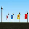 Blue And White National Flags On Three Flagpoles With Red Circle Emblems And Torch Tops