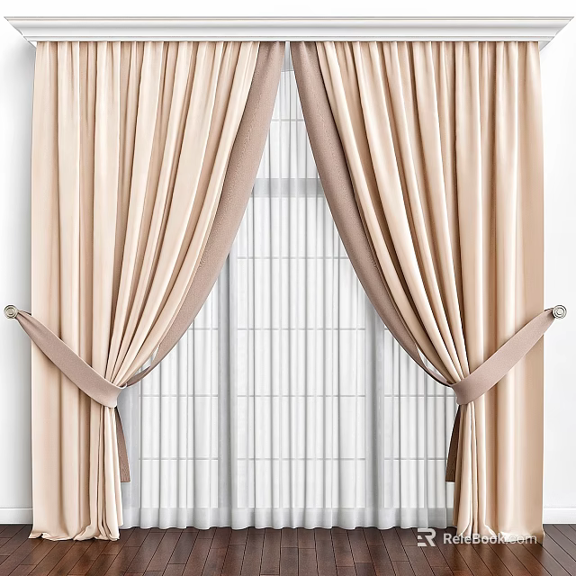 Elegant Beige Curtains With Tiebacks And White Sheer Window Panels Modern Design 3d model 