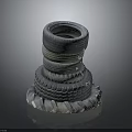 Car Tires Stacked in Pyramid Shape with Various Sizes and Worn Tread Patterns