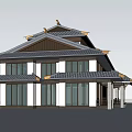 Chinese Style Sales Office Building with Traditional Overhanging Eaves Black Roof and White Walls