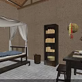 Traditional Vintage Interior With Earthen Walls Bamboo Woven Items Old Wooden Cabinet And Canopy Bed
