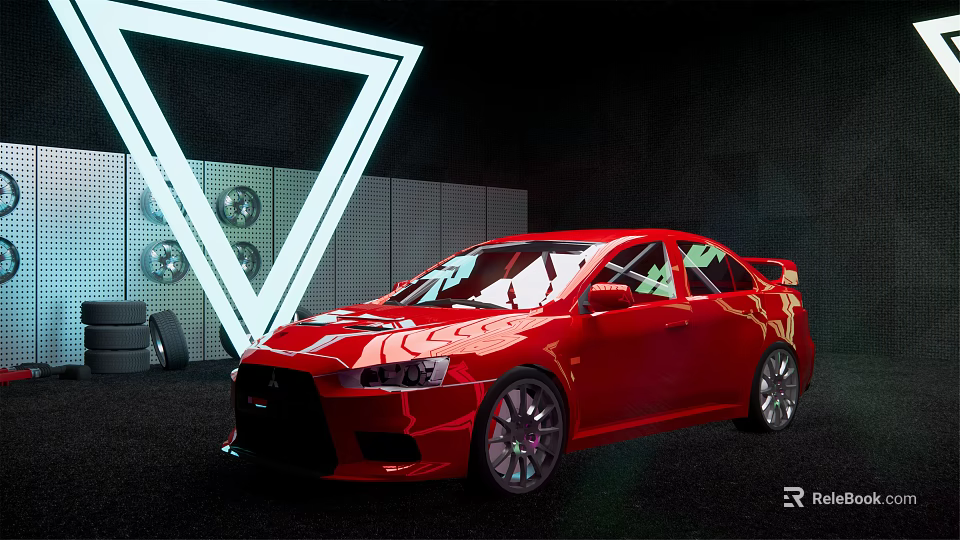 Red Sports Car Displayed With White Neon Triangle Light In Dark Background 3d model 