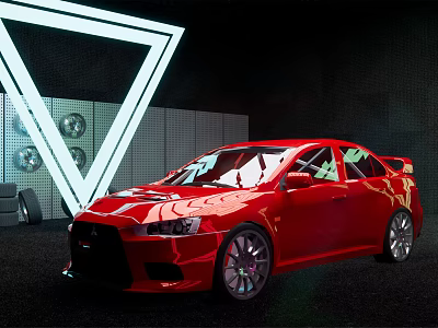 Red Sports Car Displayed With White Neon Triangle Light In Dark Background 3d model