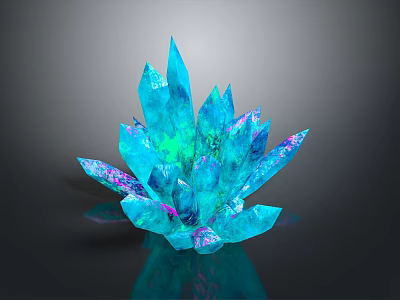 Vibrant Blue Crystal Cluster Display With Colorful Iridescent Glow Dark Background And Reflection 3d model
