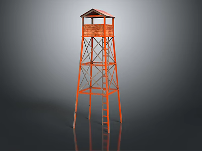 Orange Metal Frame Tower With Wooden Top Cabin And Ladder Structure Design 3d model