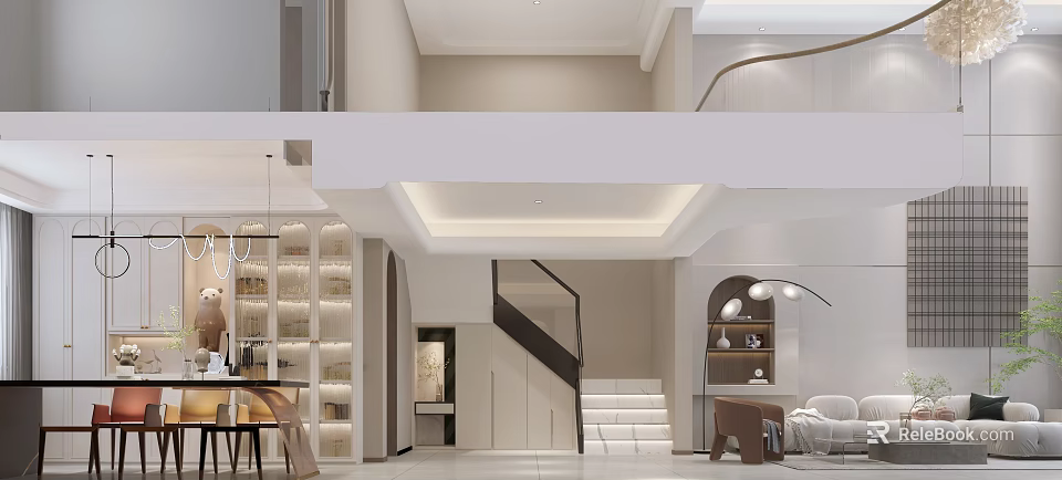 Contemporary Duplex Living Room Design With Staircase Sofa And Chandelier Display Cabinet 3d model 