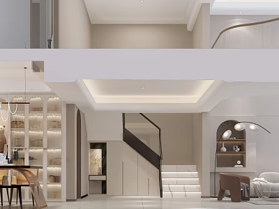 Contemporary Duplex Living Room Design With Staircase Sofa And Chandelier Display Cabinet 3d model