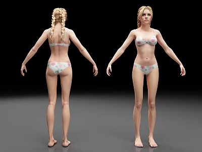 Woman 3D Model in Floral Bikini with Front and Back View on Black Background 3d model