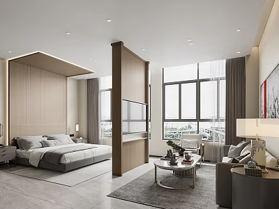 Modern Hotel Guest Room With King Bed Sofa Area Floor To Ceiling Windows And TV 3d model