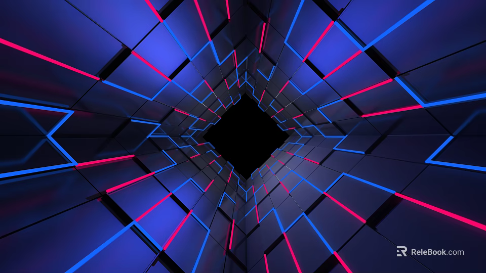 Cartoon Scene Featuring Neon Blue And Red Lines In Geometric Tunnel Design 3d model 