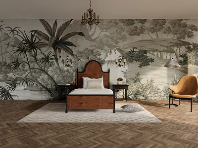Cozy Single Bed with Brown Headboard Tropical Plant Mural Light Colored Rug Orange Chair 3d model