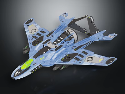 Futuristic Fighter Jet Model In Blue Gray With Detailed Wings Aerodynamic Fuselage And Green Accents 3d model