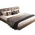 Modern Double Bed With Brown Leather Headboard White Brown Gray Pillows And Striped Throw Blanket
