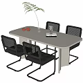 Rectangular Dining Table Set With Mesh Back Chairs And Decorative Plant Fruits Book 3d model