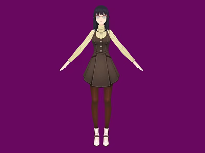 Woman Wearing Brown Dress with Long Sleeves Buttons Brown Tights White Shoes on Purple Background 3d model