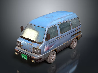 Rusty Blue Vintage Bus Exterior With Weathered Body And Glass Windows 3d model