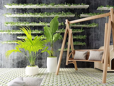 Wooden Hanging Chair In Modern Indoor Space With Green Plants And Natural Decor 3d model
